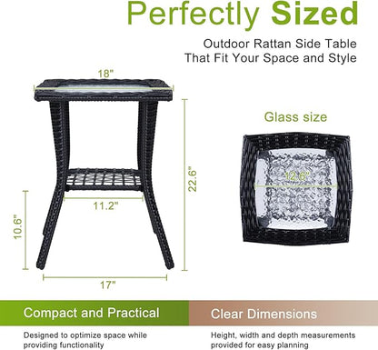 Outvita Outdoor Side Table, Patio Rattan Coffee Table Small End Table with Glass Tabletop and Storage Shelf for Patio Porch Backyard Balcony Living Room