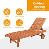 Outvita Outdoor Wooden Chaise Lounge Chair, 62" Longer Sun Lounger Recliner with Adjustable Backrest and Wheels - Photo 5