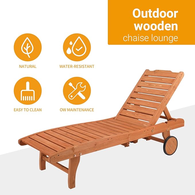 Outvita Wood Chaise Lounge Chair, 62" L Outdoor Sun Lounger Recliner with 3 Backrest Angles, Tray and Wheels - Photo 4