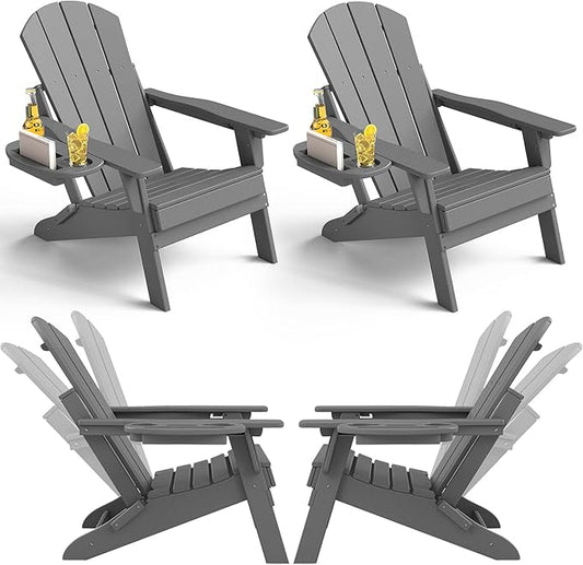 Adjustable Adirondack Chair Set of 4 with Cup Holder, All Weather HDPE Fire Pit Chairs for Deck, Backyard, Patio, Grey