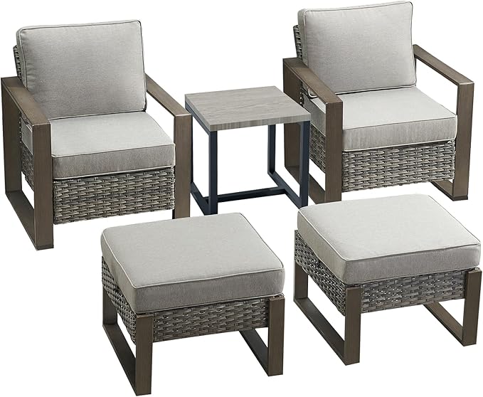 Rilyson Outdoor Wicker Patio Furniture Set - 5 Piece Patio Conversation Set with 2 Wicker Armrest Chairs,2 Rattan Ottoman, 1 Side Table, Sturdy Frame, Thick Cushions, Deep Seating(Mixed Grey/Grey)