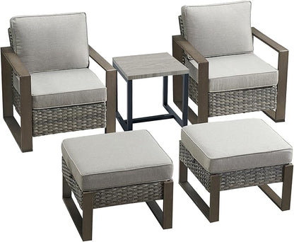 Rilyson Outdoor Wicker Patio Furniture Set - 5 Piece Patio Conversation Set with 2 Wicker Armrest Chairs,2 Rattan Ottoman, 1 Side Table, Sturdy Frame, Thick Cushions, Deep Seating(Mixed Grey/Grey)