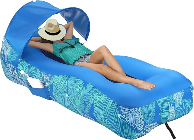 Inflatable Lounger Beach Chair with Unique Sun-Shade Design, Inflatable Air Sofa with Pillow, Waterproof Inflatable Couch Blow up Lounger Hammock for Hiking Backyard Beach Festivals (Aqua Blue)