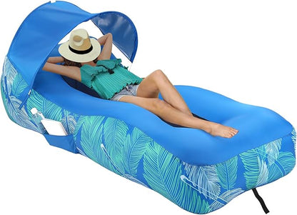 Inflatable Lounger Beach Chair with Unique Sun-Shade Design, Inflatable Air Sofa with Pillow, Waterproof Inflatable Couch Blow up Lounger Hammock for Hiking Backyard Beach Festivals (Aqua Blue)