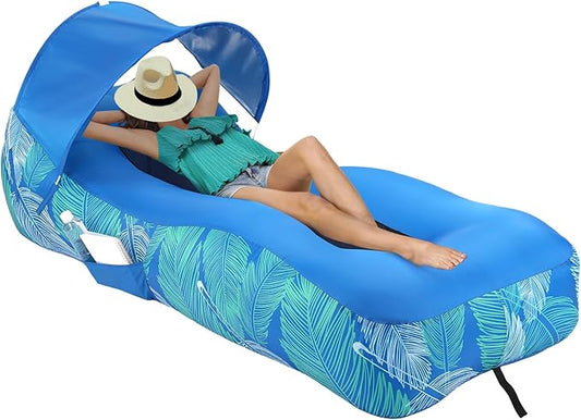 Inflatable Lounger Beach Chair with Unique Sun-Shade Design, Inflatable Air Sofa with Pillow, Waterproof Inflatable Couch Blow up Lounger Hammock for Hiking Backyard Beach Festivals (Aqua Blue)