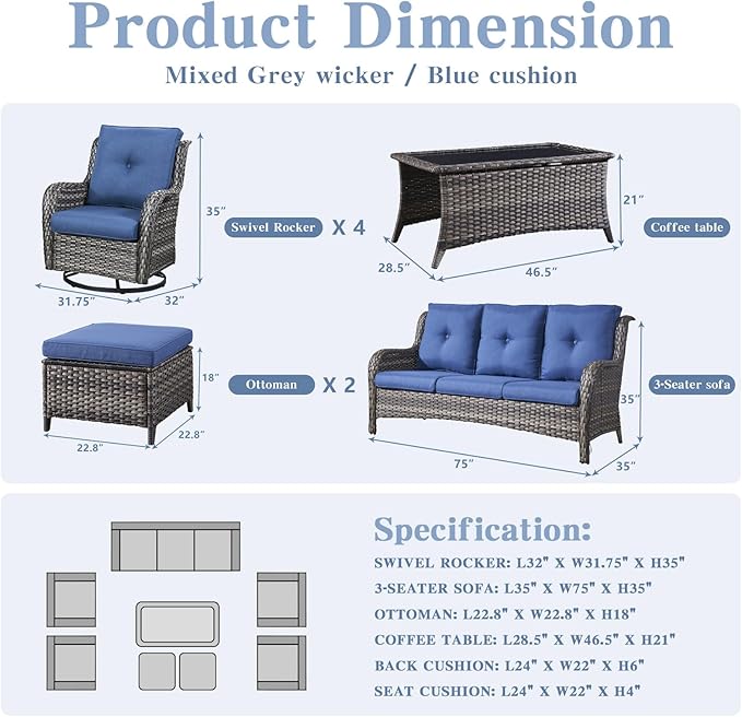 Belord Wicker Patio Furniture Sets - 8 Piece Rattan Outdoor Furniture Conversation Sets with 4 Swivel Rocker Chairs - Photo 2