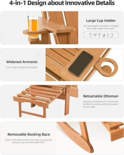 Folding Adirondack Rocking Chair Set of 2,4-in-1 Multifunctional Patio Chairs with Retractable Ottoman, Outdoor Chairs Wood Texture, Lawn Chair for Porch, Backyard, Pool(Teak)