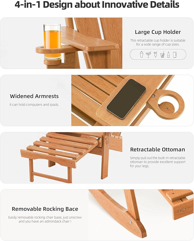 Folding Adirondack Rocking Chair Set of 4,4-in-1 Multifunctional Patio Chairs with Retractable Ottoman, Outdoor Chairs Wood Texture, Lawn Chair for Porch, Backyard, Pool(Teak)