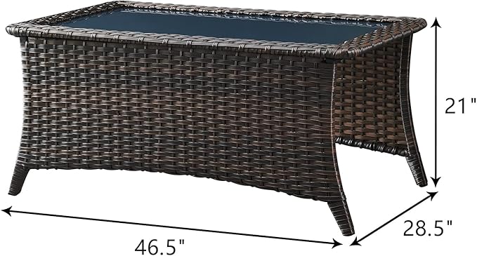 Rilyson Patio Tables Wicker Coffee Table - Outdoor Rattan Coffee Tables with Glass Top for Patio Proch Deck Balcony Rectangle Brown