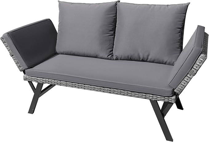 Greesum Outdoor Sofa, Woven Rattan Patio Furniture, Convertible Daybed or Double Chair with Adjustable Armrests - Photo 1