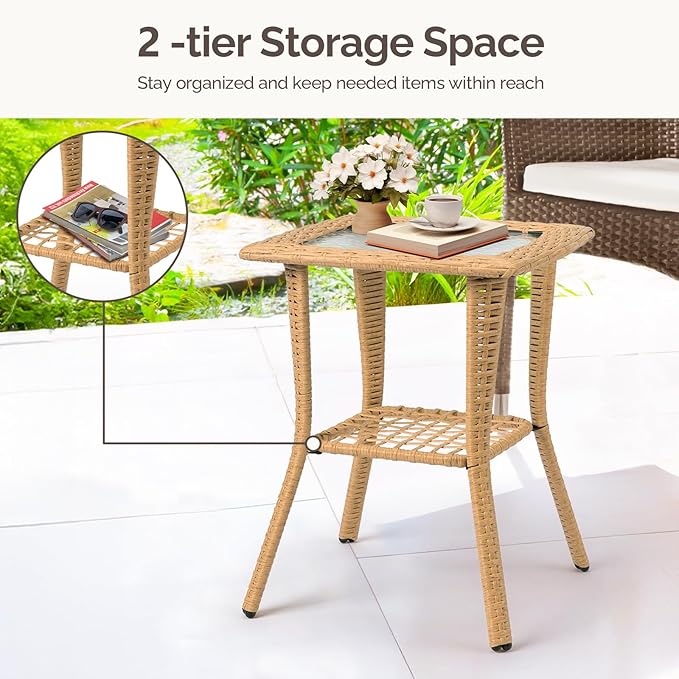 Outdoor Wood Coffee Table, Wicker Side Table, Rattan End Table with Glass Top, Patio Coffee Bistro Table for Indoor Garden Porch Balcony, Beige