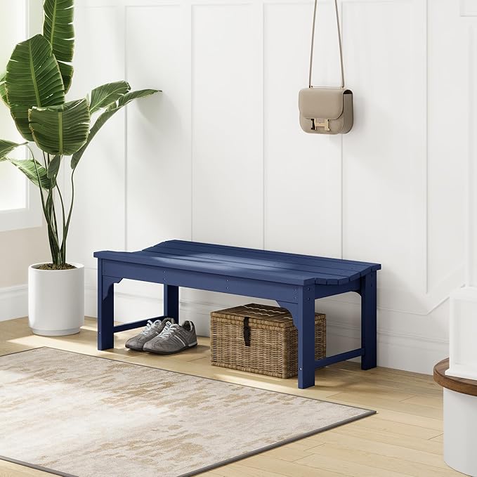 Costaelm Outdoor Benches Weatherproof, All Weather Resistant Park Bench Poly Lumber Backless Garden Bench Seat for Entryway Front Porch, Navy Blue