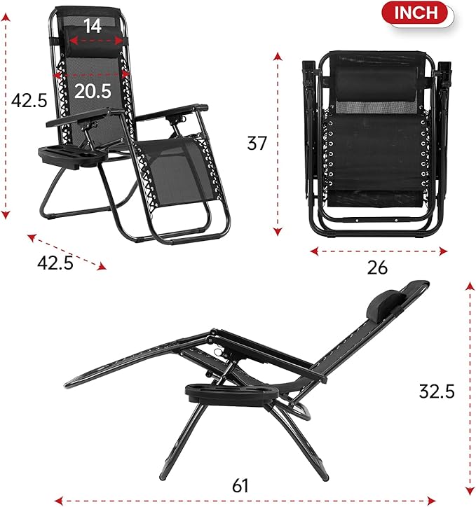 PayLessHere Lounge Chair Set of 2 Adjustable Zero Gravity Chair Beach Chair Folding Lawn Patio Chair with Removable Pillow and Cup Holder for Poolside Backyard Lawn Beach,Black