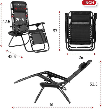 PayLessHere Lounge Chair Set of 2 Adjustable Zero Gravity Chair Beach Chair Folding Lawn Patio Chair with Removable Pillow and Cup Holder for Poolside Backyard Lawn Beach,Black