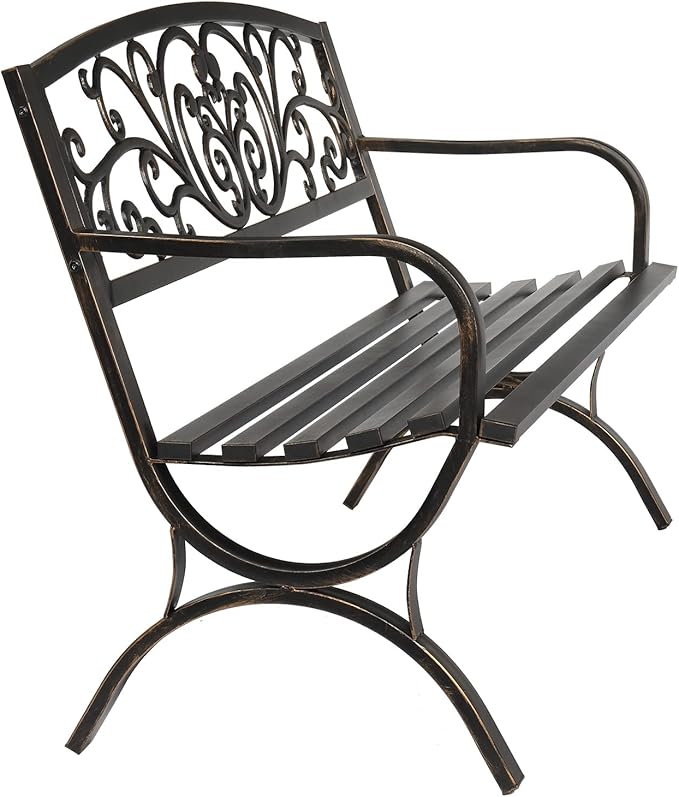 50in Bronze Iron Bench,Outdoor Garden Bench, Cast Iron Metal Frame Patio Park Bench with Butterfly Pattern Backrest, Arch Legs for Porch, Lawn, Yard