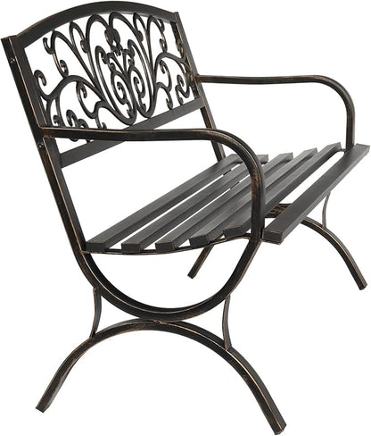 50in Bronze Iron Bench,Outdoor Garden Bench, Cast Iron Metal Frame Patio Park Bench with Butterfly Pattern Backrest, Arch Legs for Porch, Lawn, Yard