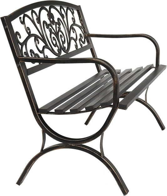 50" Inches Outdoor Garden Bench, Cast Iron Metal Frame Patio Park Bench with Floral Pattern Backrest, Arch Legs for Porch, Lawn, Yard-Bronze (50" Butterfly Bronze)