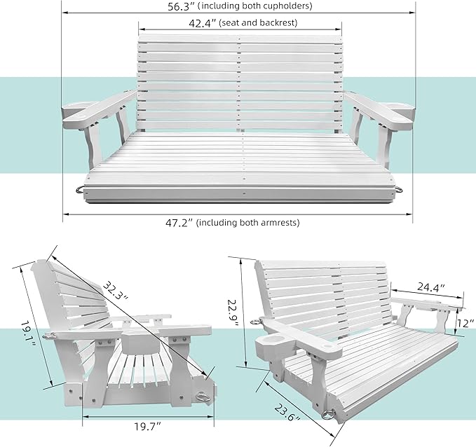 Wooden Porch Swing 2-Seater, Bench Swing with Cupholders, Hanging Chains and 7mm Springs, Heavy Duty 800 LBS - Photo 5