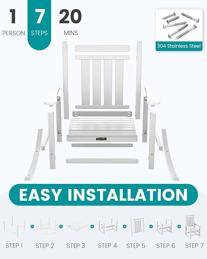 SERWALL SEWALL Oversized Outdoor Rocking Chair with Cushion, Patio Rocking Chairs for Porch, White HDPR Rocker+Flower Cushion