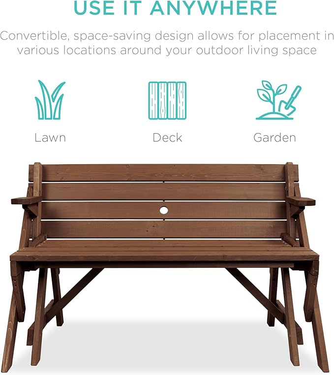 Best Choice Products 2-in-1 Transforming Interchangeable Outdoor Wooden Picnic Table Garden Bench for Backyard, Porch - Photo 4