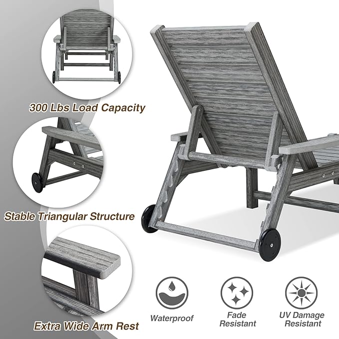 Chaise Lounge Chairs for Outside, HDPE Outdoor Lounge Chairs with Adjustable Backrest, Wheels, Armrest, All Weather Poly Lumber Recliner for Patio, Poolside, Porch (Grey)