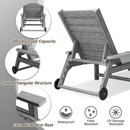Chaise Lounge Chairs for Outside, HDPE Outdoor Lounge Chairs with Adjustable Backrest, Wheels, Armrest, All Weather Poly Lumber Recliner for Patio, Poolside, Porch (Grey)