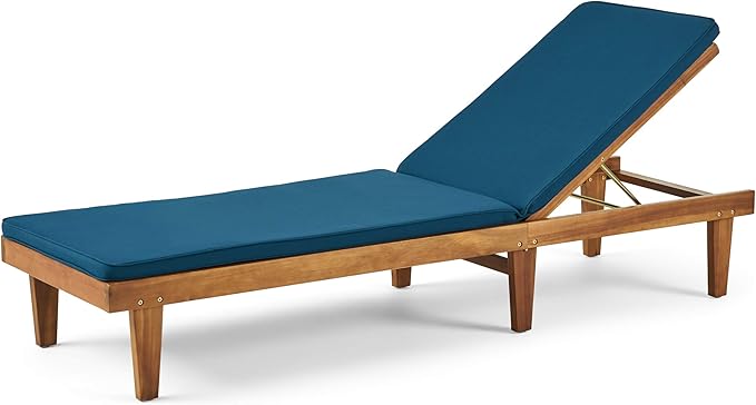 Great Deal Furniture Yvette Outdoor Acacia Wood Chaise Lounge and Cushion Set, Teak and Blue,309787 - Photo 1