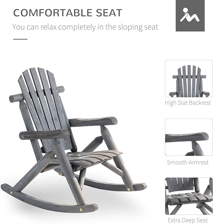 Outsunny Outdoor Wooden Rocking Chair, Single-Person Adirondack Rocking Patio Chair with Rustic High Back, Slatted Seat and Backrest for Indoor, Backyard, Garden, Dark Gray