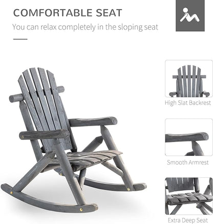 Outsunny Outdoor Wooden Rocking Chair, Single-Person Adirondack Rocking Patio Chair with Rustic High Back, Slatted Seat and Backrest for Indoor, Backyard, Garden, Dark Gray