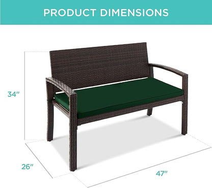 Best Choice Products Outdoor Bench 2-Person Wicker Garden Patio Benches Seating Furniture for Backyard, Porch w/Seat Cushion, 700lb Capacity - Midnight Green/Brown