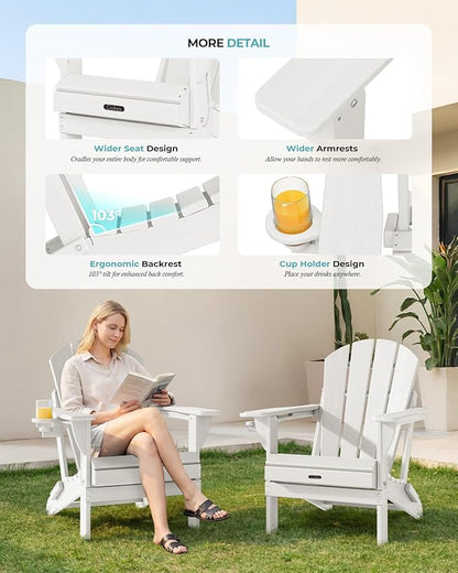 Ciokea Folding Adirondack Chair Wood Texture, Patio Adirondack Chair Weather Resistant, Plastic Fire Pit Chair with Cup Holder, Lawn Chair for Outdoor Porch Garden Backyard Deck (White)