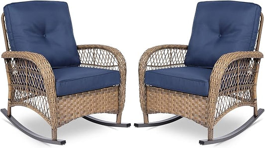 VIVIJASON 2 Piece Patio Wicker Rattan Rocker Chair, Outdoor Rattan Rocker Chair with Cushions & Steel Frame, All-Weather Rocking Lawn Wicker Furniture for Garden Backyard Porch (Navy Blue)