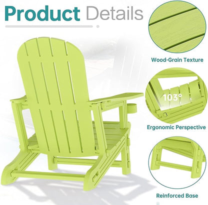 Shintenchi Adirondack Chairs Set of 2,HDPE Adirondack Chairs w/Removable Tablelop & Umbrella Hole,All-Weather Wooden Textured Plastic Outdoor Chairs w/Cup Holders for Garden Backyard Pool,Green
