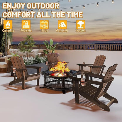 GOWE Adirondack Chairs Set of 2, Plastic Adirondack Chair, Adirondack Chairs, HDPE Adirondack Chair, Folding Adirondack Chairs, Outdoor Chairs with Cup Holder for Lawn Patio Deck Fire Pit -Brown