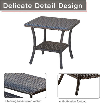 Rilyson Patio Tables Outdoor Coffee Table - Wicker Rattan Side Tables with 2-Tier Storage Shelf End Table for Porch Deck Balcony Garden Outside Square Brown