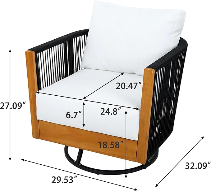 Merax Outdoor Swivel Chair, 360-Degree Rotation, Natural Acacia Wood with Handwoven Black Rope Design and Seat Cushion, Metal Swivel Base, Weather-Resistant Chair for Patio Garden Balcony