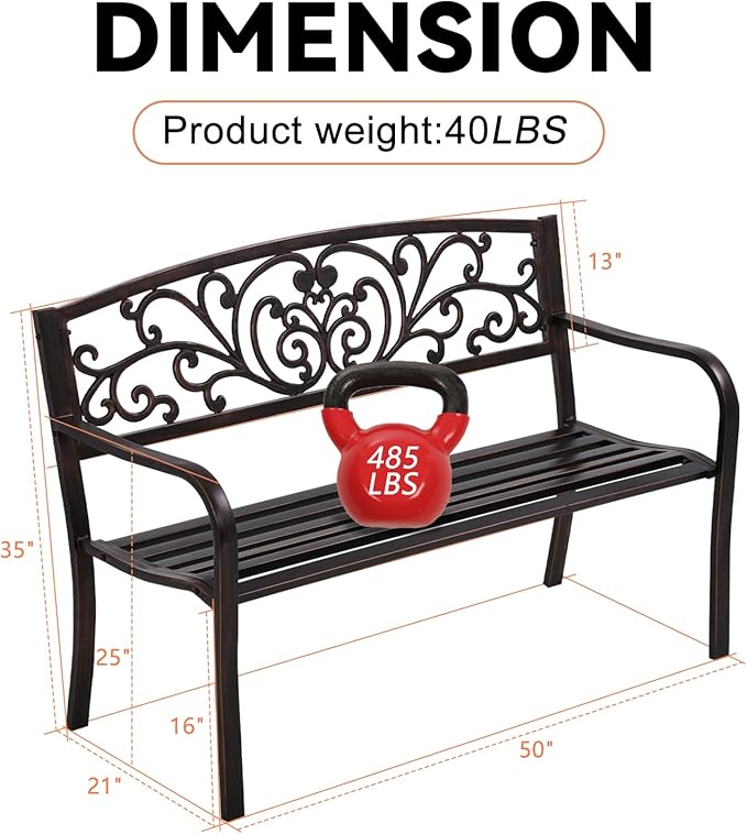 Outdoor Bench, Rust-Proof Cast Iron Park Bench, Hold 485 lbs Heavy-Duty Metal, 50" x 21" x 35", Bronze