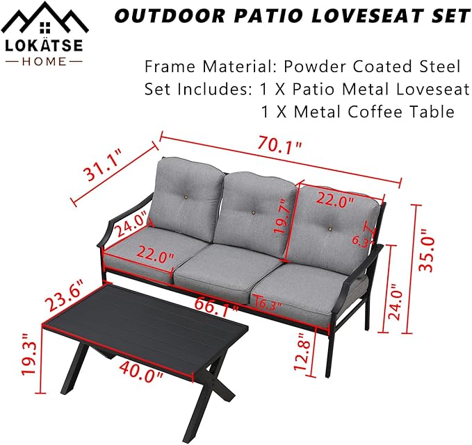 LOKATSE HOME Outdoor Patio Cushioned Loveseat 3 Seats Sofa Bench with Metal Coffee Table, Grey