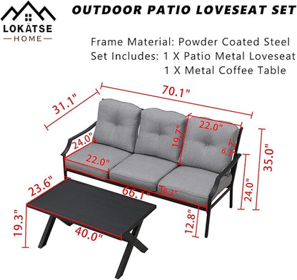 LOKATSE HOME Outdoor Patio Cushioned Loveseat 3 Seats Sofa Bench with Metal Coffee Table, Grey