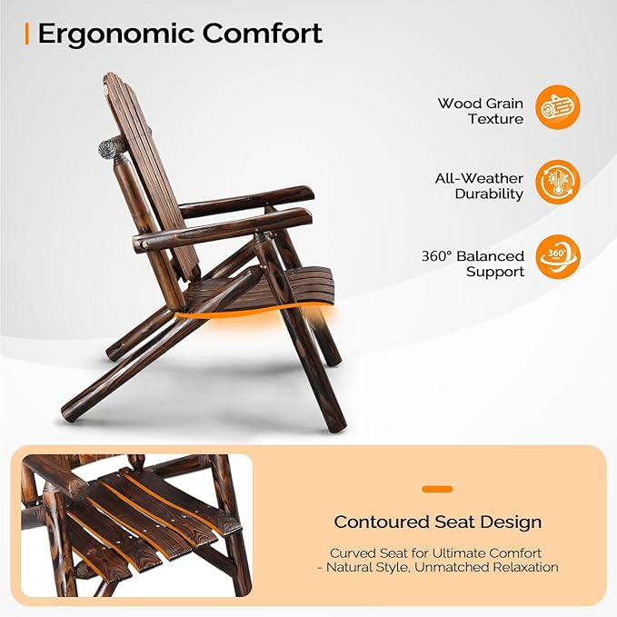 VINGLI Solid Wood Adirondack Chair Outdoor Patio Furniture Fire Pit Chairs, Heavy Duty Backyard Seating Armchair Deck Garden Lawn Patio (Carbonized, 1 PC)