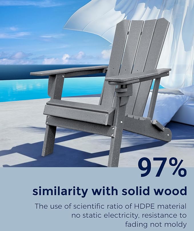 Adirondack Chair Oversized Folding Adirondack Chairs Recyclable HDPE Modern Adirondack Chair with Cup Holder Poly Lumber Patio Chairs for Pool Patio Garden Outdoors Fire Pit Grey