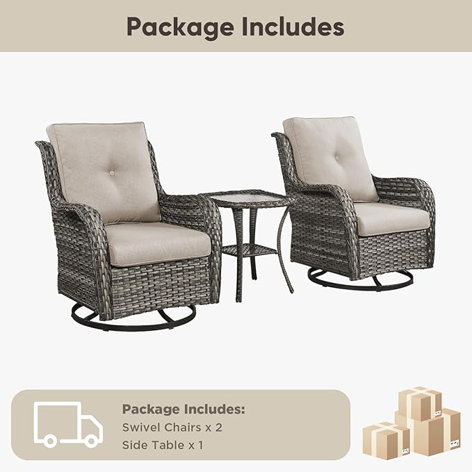 Belord 3 PCS Patio Furniture Set - Mixed Grey Wicker Swivel Rocking Chairs with Side Table, Furniture Set for Outdoor - Photo 7