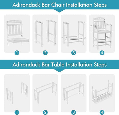Ciokea Outdoor Bar Height Table Set of 5, 60" Extra Long Rectangle High Top Table and 4 Oversized Adirondack Chairs Set, Heavy-Duty All-Weather HDPE Patio Bar Set for Backyard Balcony Deck, White