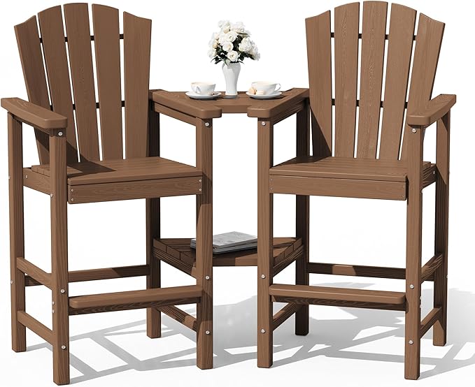 KINGYES Tall Adirondack Chair Set of 2, All-Weather HDPE Outdoor Adirondack Barstools with Removable Double Connecting Trays, Embossed Balcony Chair, High Airondack Chair with Wood Grain, Brown