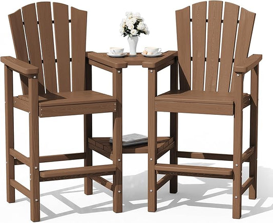 KINGYES Tall Adirondack Chair Set of 2, All-Weather HDPE Outdoor Adirondack Barstools with Removable Double Connecting Trays, Embossed Balcony Chair, High Airondack Chair with Wood Grain, Brown