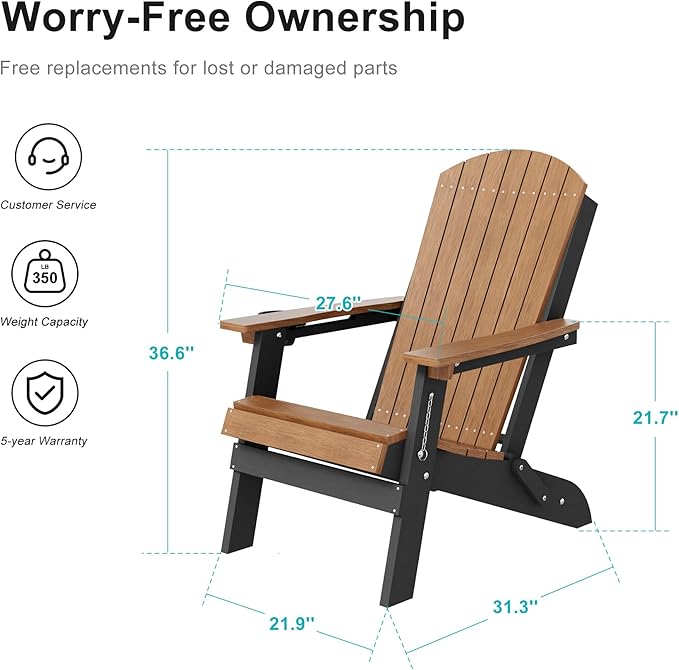 HDPE Foldable Adirondack Outdoor Chair Set of 2 with Cup Holder, Weather Resistant Heavy-Duty Patio Chair for Patio, Backyard, Deck, Fire Pit, Lawn and Porch, Black and Teak