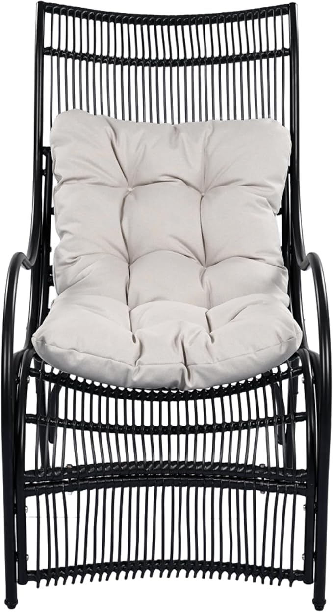 Christopher Knight Home Hanley Patio Wicker Lounge Chair with Ottoman Footrest+Coffee Table, 3-Piece Outdoor Furniture Set for Porch/Balcony/Deck/Backyard, Metal Frame and Soft Cushions, Beige+Black