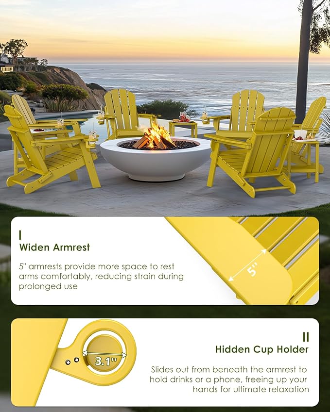 GREENVINES Folding-Adirondack-Chairs-Set-of-2 | HDPE Plastic | Fire Pit Chair | All Weather | Cup Holder | Yellow | for Deck Backyard Patio Outdoor Garden