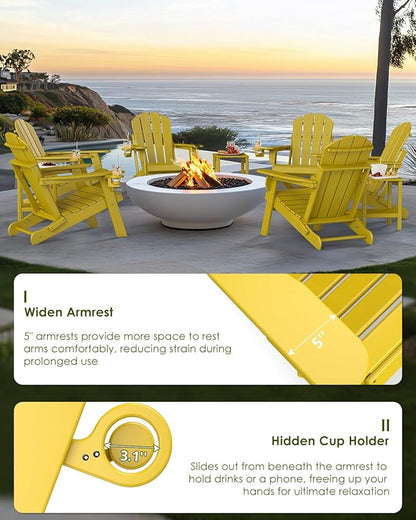GREENVINES Folding-Adirondack-Chairs-Set-of-2 | HDPE Plastic | Fire Pit Chair | All Weather | Cup Holder | Yellow | for Deck Backyard Patio Outdoor Garden