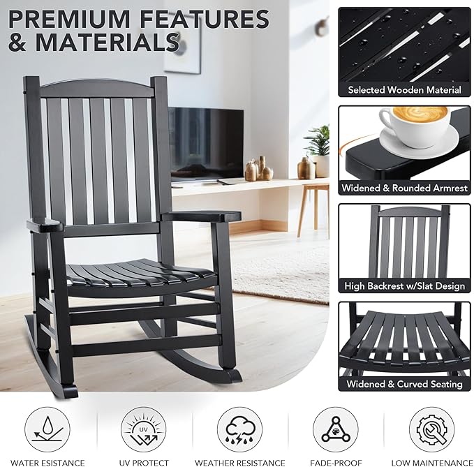 Wooden Outdoor Rocking Chair, Oversized Patio Rocking Chair w/400lbs Support & High Backrest | Porch, Lawn, Garden, Backyard，Black
